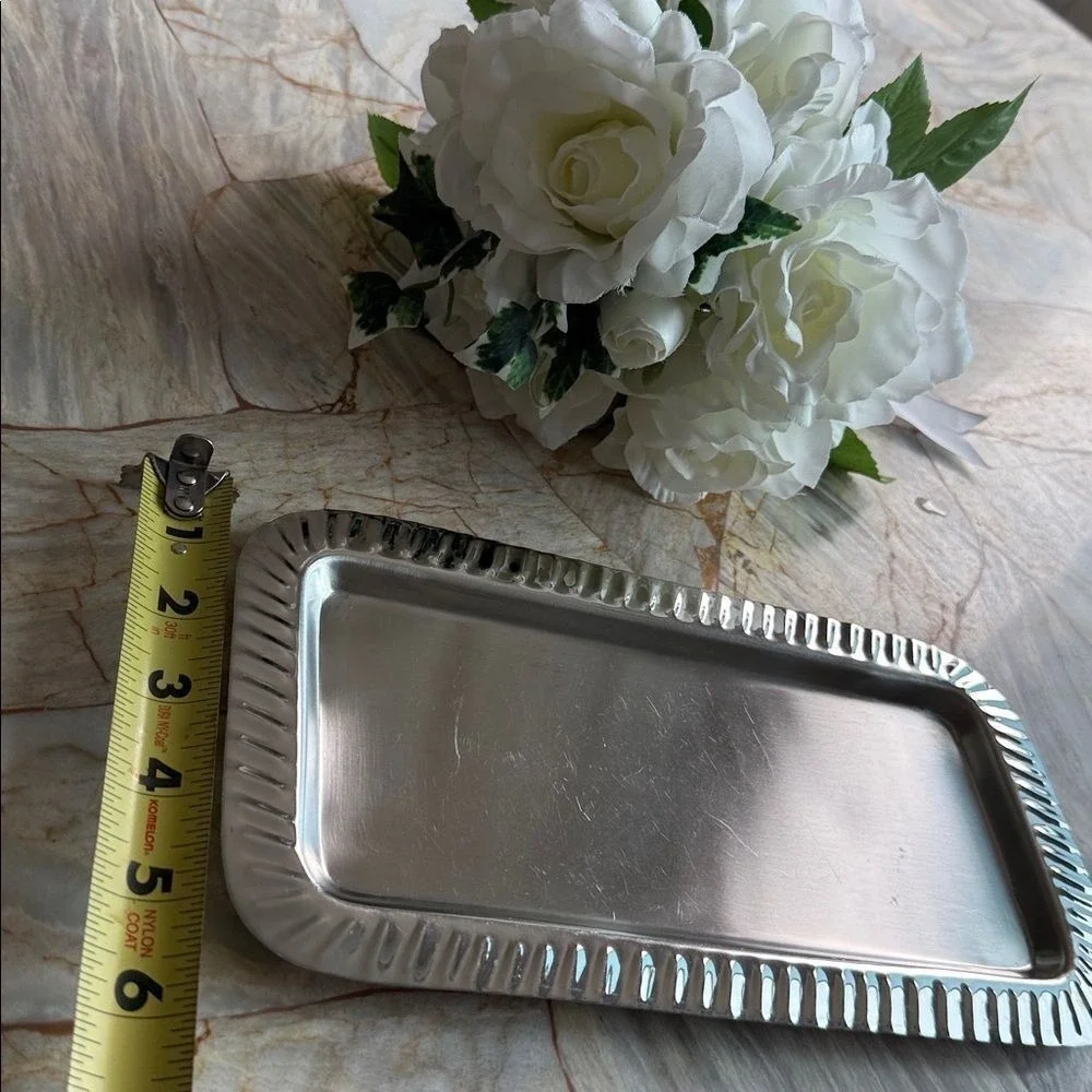 Ross Silver Rectangular Vanity Tray Fluted Border Metallic 9.5x4.5 Made in India
